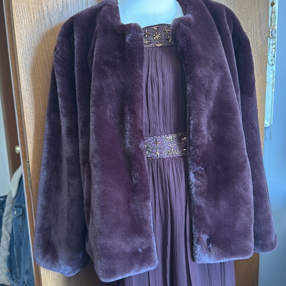 Sanctuary Womens Faux Fur Cape Jacket Starry Night Formal Amethyst Purple XL - Picture 2 of 7